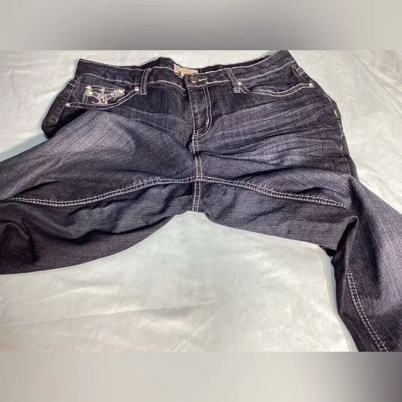 Earl Jean Rhinestone Straight Leg Mid Rise Dark Wash Jeans Size 12 - Picture 9 of 10